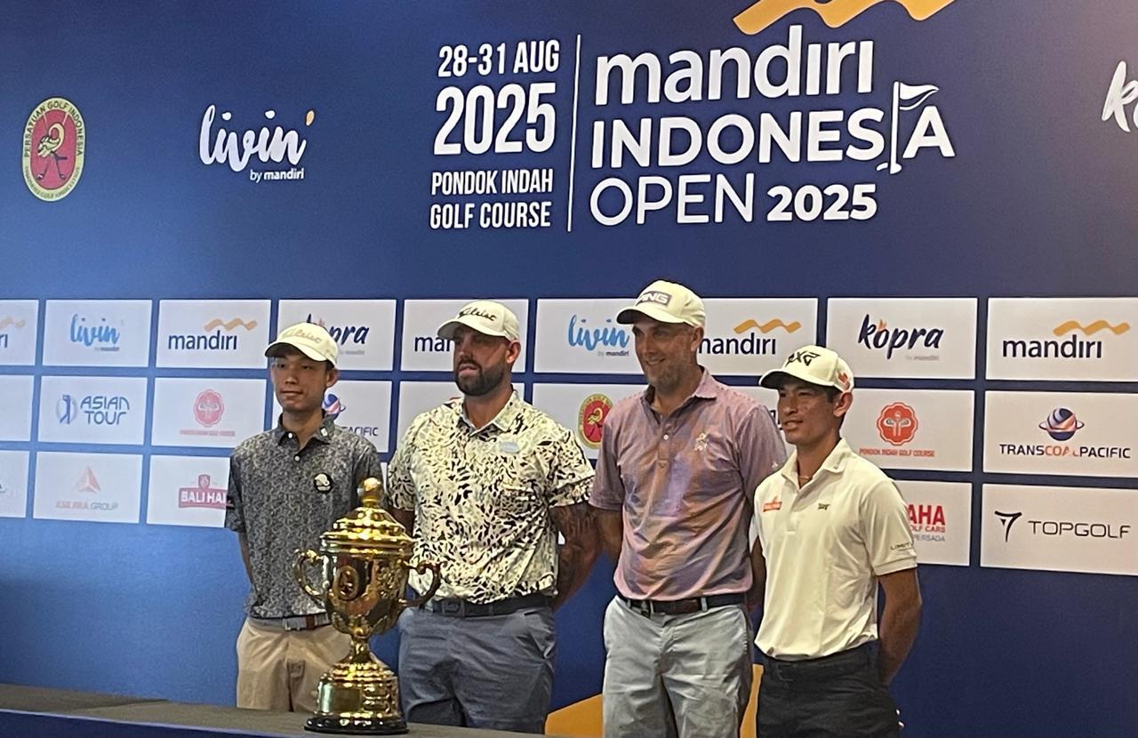 Konferensi pers pemain bintang Mandiri Indonesia Open 2025 di Pondok Indah Golf Course, Jakarta, pada 27 Agustus 2025. (Kevin Bagus Prinusa/Skor.id)