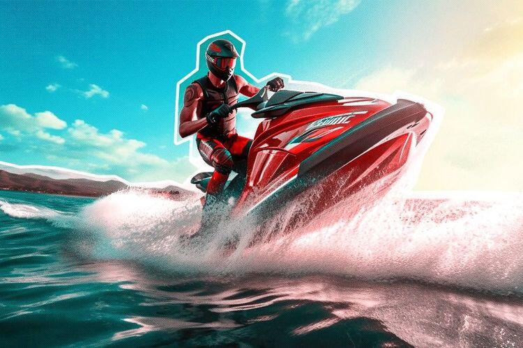 Ilustrasi olahraga air menggunakan jet ski atau jetsport. (Grafis: Deni Sulaeman/Skor.id)