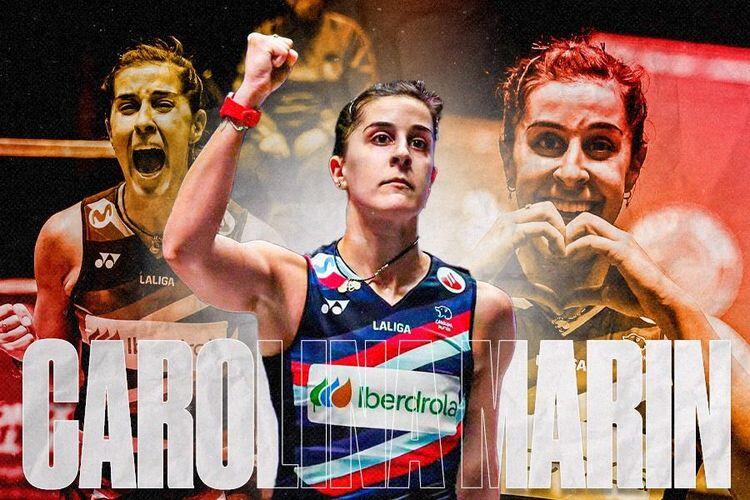 Pebulu tangkis tunggal putri asal Spanyol, Carolina Marin, umumkan pensiun. (Grafis: Dede Sopatal Mauladi/Skor.id)